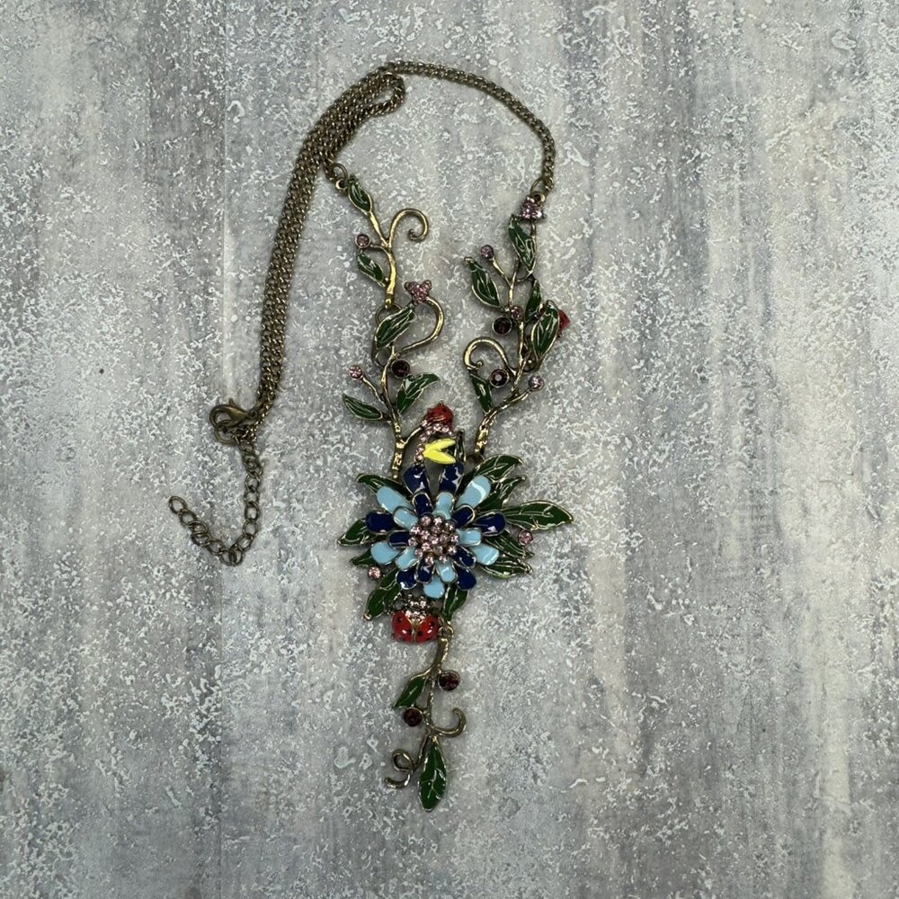 Betsey Johnson Flower Necklace Ladybug Rhinestone vtg Enamel Blue